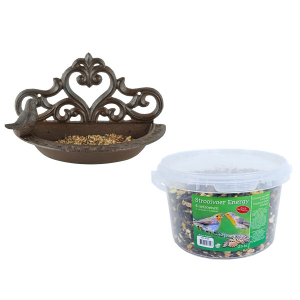 Wand vogel voederbak/drinkbak gietijzer 24 cm inclusief 4-seizoenen energy vogelvoer