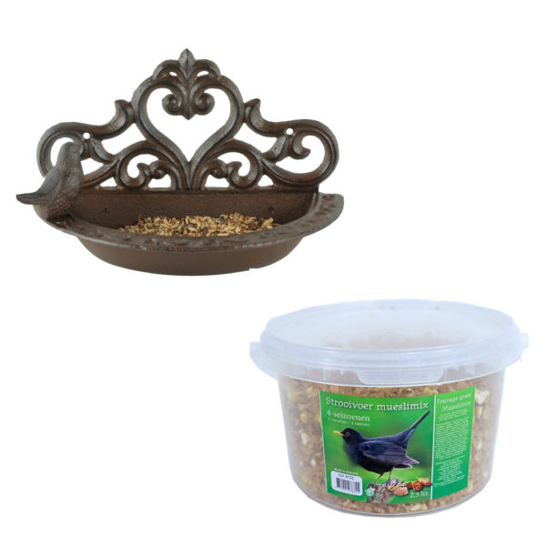 Wand vogel voederbak/drinkbak gietijzer 24 cm inclusief 4-seizoenen mueslimix vogelvoer -