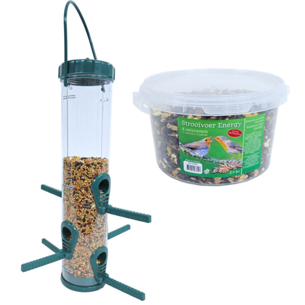 Vogel voedersilo groen/transparant kunststof 33 cm inclusief 4-seizoenen energy vogelvoer -