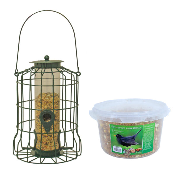 Vogel voedersilo - voor kleine vogels - groen - 36 cm - metaal - met mueslimix vogelvoer