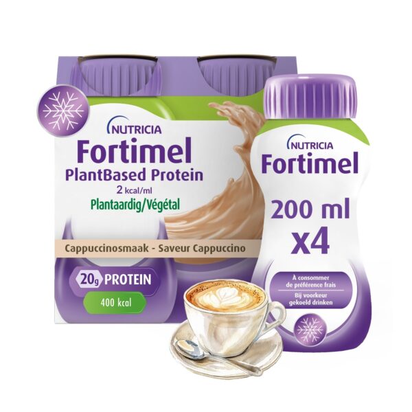 Fortimel PlantBased Protein 2kcal Cappuccinosmaak Voedingssupplement Ondervoeding Flessen 4x200ml