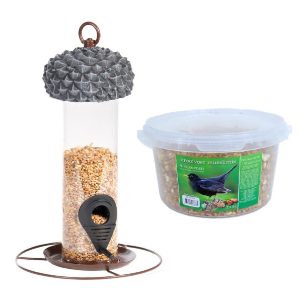 Vogel voedersilo met eikeldeksel metaal/pvc 27 cm inclusief 4-seizoenen mueslimix vogelvoer -