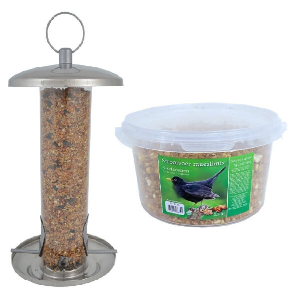 Vogel voedersilo RVS 27 cm inclusief 4-seizoenen mueslimix vogelvoer -