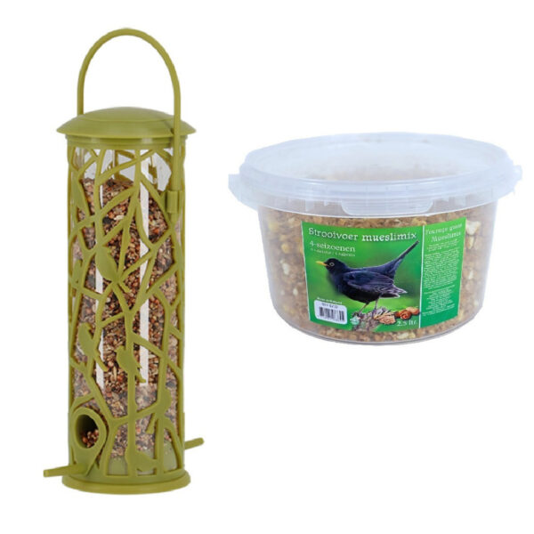 Vogel voedersilo met zitstokjes groen kunststof 27 cm inclusief 4-seizoenen mueslimix vogelvoer -