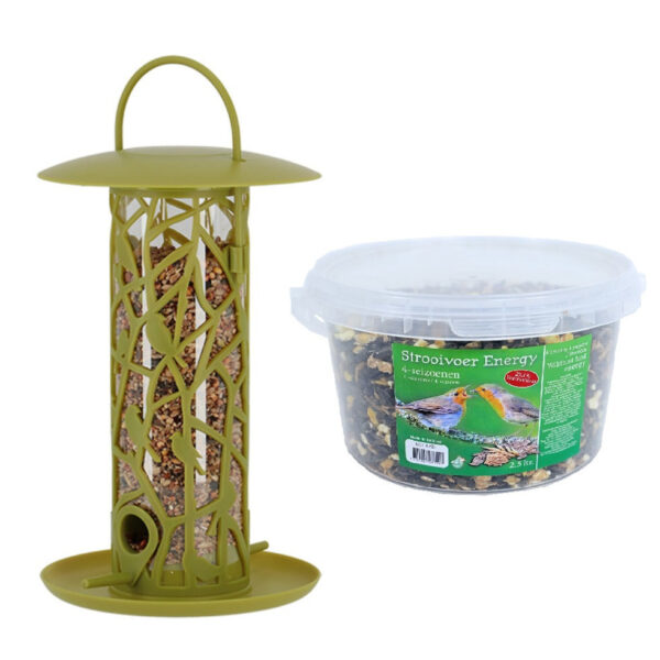 Vogel voedersilo met zitstokjes en tray groen kunststof 27 cm inclusief 4-seizoenen energy vogelvoer -