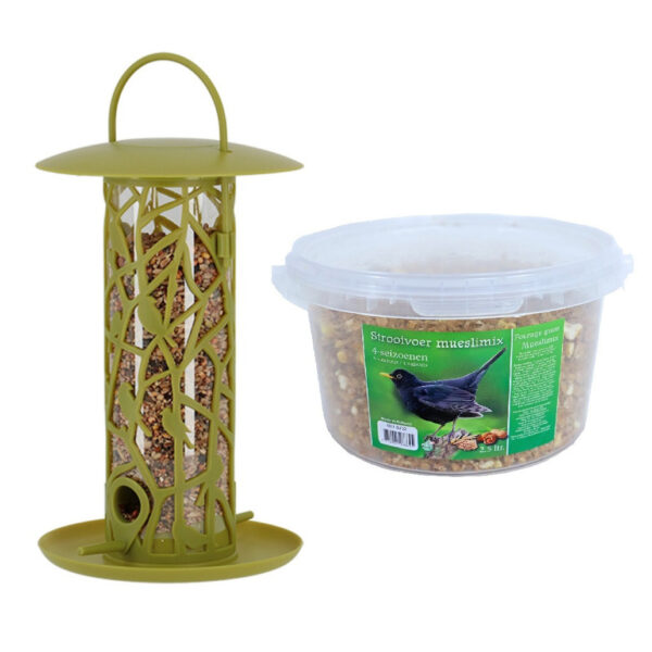 Vogel voedersilo met zitstokjes en tray groen kunststof 27 cm inclusief 4-seizoenen mueslimix vogelv -