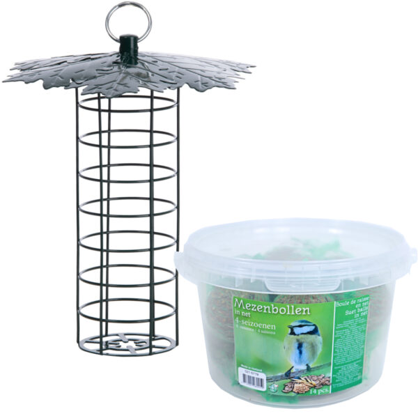 Vogel voedersilo met bladerdak metaal 23 cm inclusief 14 vetbollen -