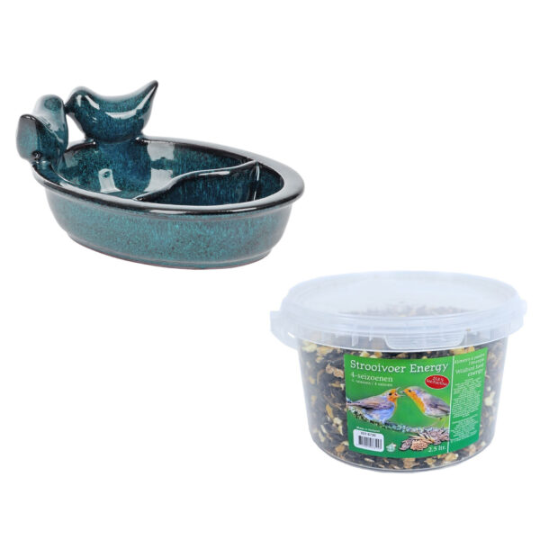 Vogelvoeder- en drinkschaal blauw keramiek 21 cm inclusief 4-seizoenen energy vogelvoer -