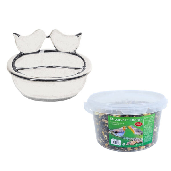 Vogelvoeder- en drinkschaal wit keramiek 21 cm inclusief 4-seizoenen energy vogelvoer -
