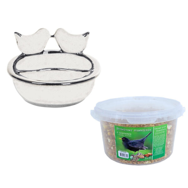 Vogelvoeder- en drinkschaal wit keramiek 21 cm inclusief 4-seizoenen mueslimix vogelvoer -